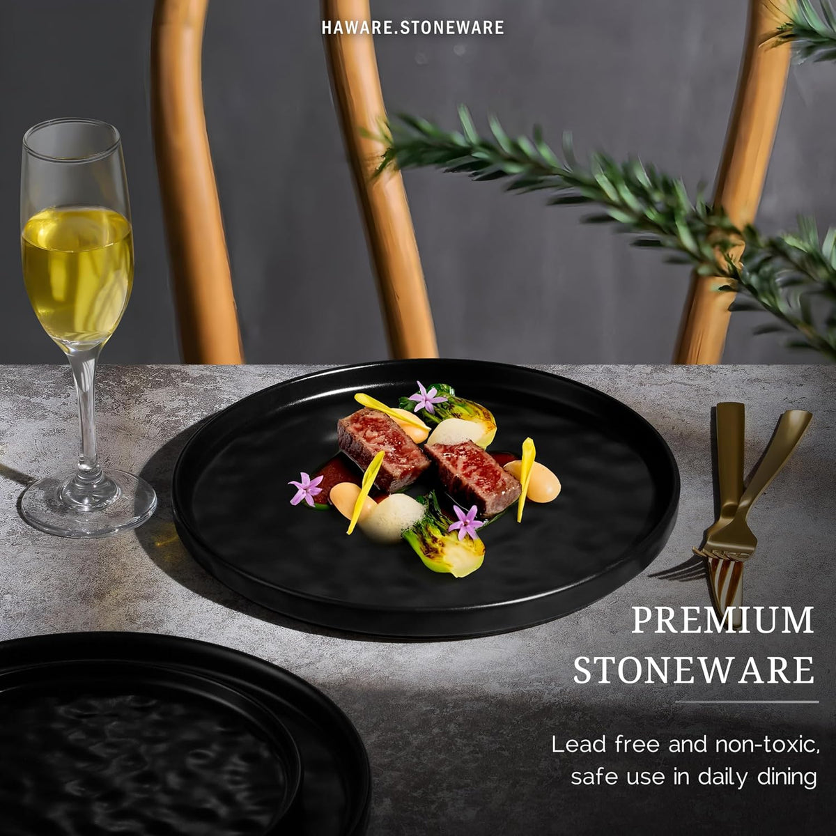 HaWare Stoneware Dinner Plates Set of 6, 10" Heavy Duty Ceramic Plate, Reactive Glaze Ripple Dinnerware for Home Restaurant, Chip and Scratch Resistant, Microwave and Dishwasher Safe, Matte Black