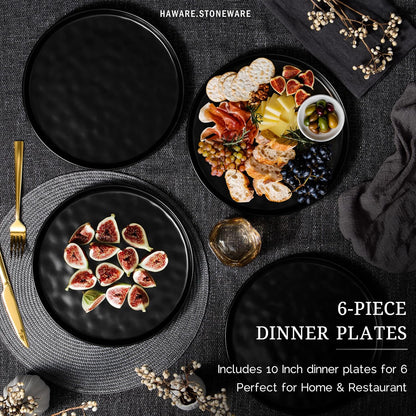 HaWare Stoneware Dinner Plates Set of 6, 10" Heavy Duty Ceramic Plate, Reactive Glaze Ripple Dinnerware for Home Restaurant, Chip and Scratch Resistant, Microwave and Dishwasher Safe, Matte Black