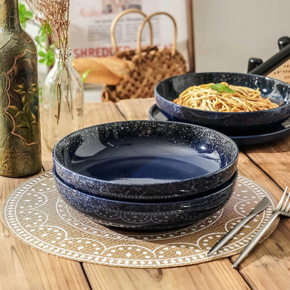 S&Q'S CERAMICS Large Serving Bowls Set of 4, 65 ounce Large Salad Bowls, 10'' Ceramic Wide Shallow Bowl Plates, Pasta Serving Dishes for Party, Entertaining, Microwave Safe(Navy Blue)